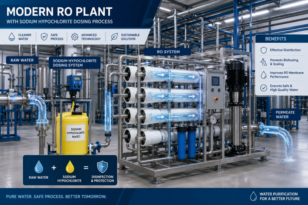 Modern industrial RO plant with sodium hypochlorite chemical dosing System